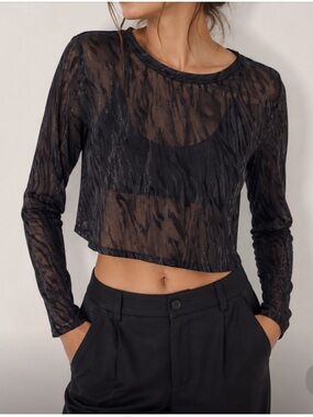 Elodie Black Sheer Textured Long-Sleeve Crop Top